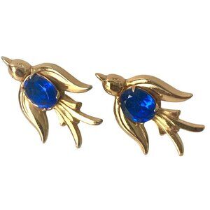 Coro Swallow Bird Earrings Screw-Back Blue Bird Gold Tone
